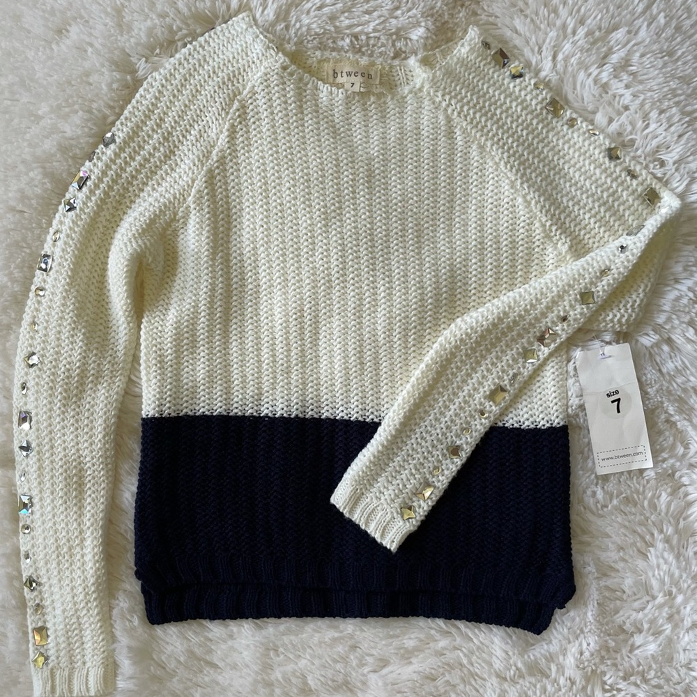 NEW Bejeweled Oversized Sweater Open Knit Pullover White Navy Gem Girl Sz 7 EUC